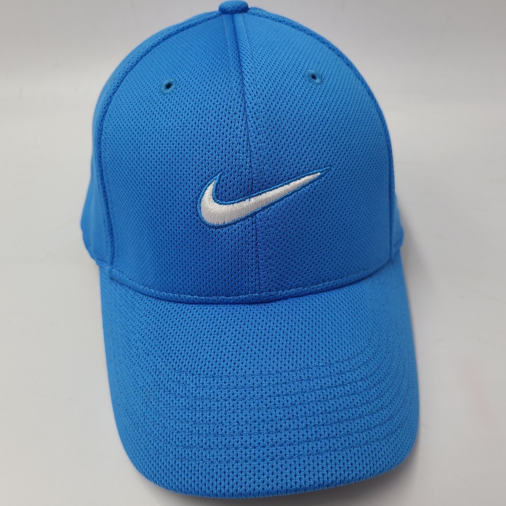 Nike Hat Fitted One Size Blue White Fit Dry Swoosh Logo Jersey Mesh Casual Men